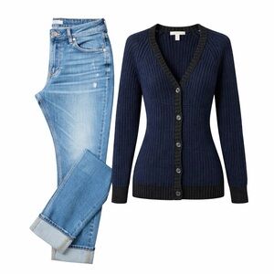 Anthropologie SI IAE Blue Black Waffle Knit Cardigan Button Front Small Cozy